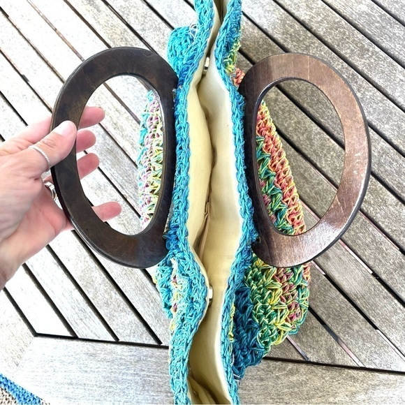 Chico's Straw Woven Multicolor Beach Tote Purse Lined Wood Handles - Picture 5 of 11